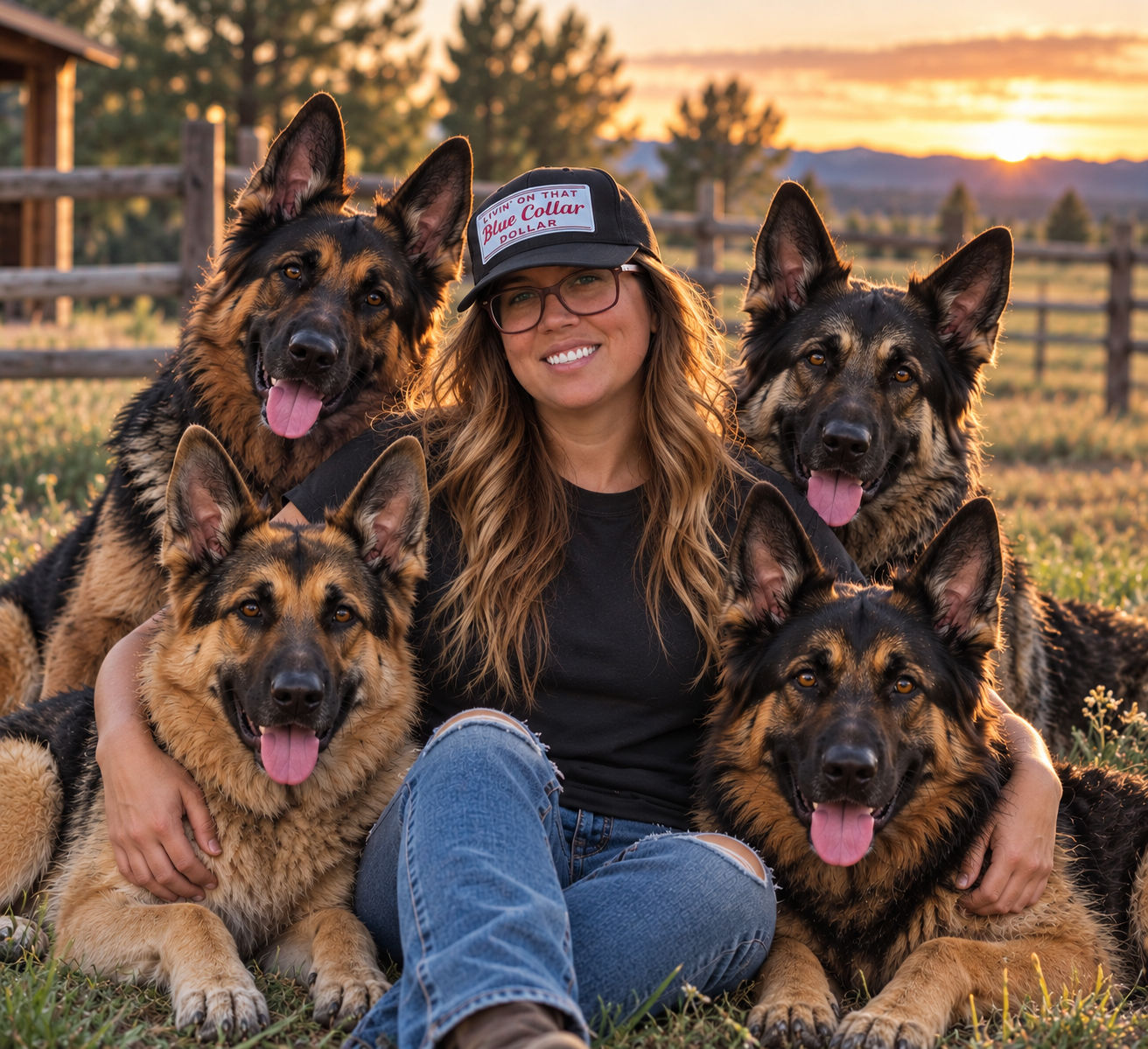Kathleen with her 4 German Shepherds